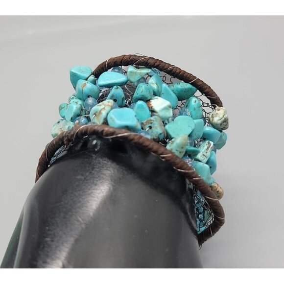 Chunky Turquoise Open Cuff Bracelet Wire Stitched Stones Handcrafted Size 7.5" - Picture 13 of 16